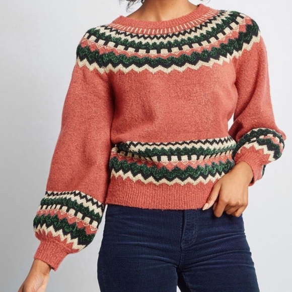 Sweet Rain Sweaters - NWT Sweet Rain Fairy Isle Balloon Sleeve Sweater Women's L Burgundy Boho Retro